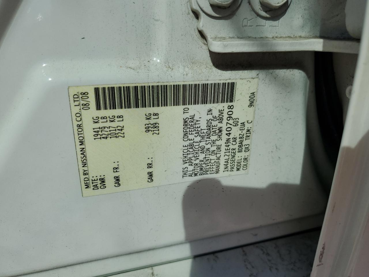 2009 Nissan Altima VIN 1N4AL21E49N407908 Copart auction photo, all over damage thumbnail 15