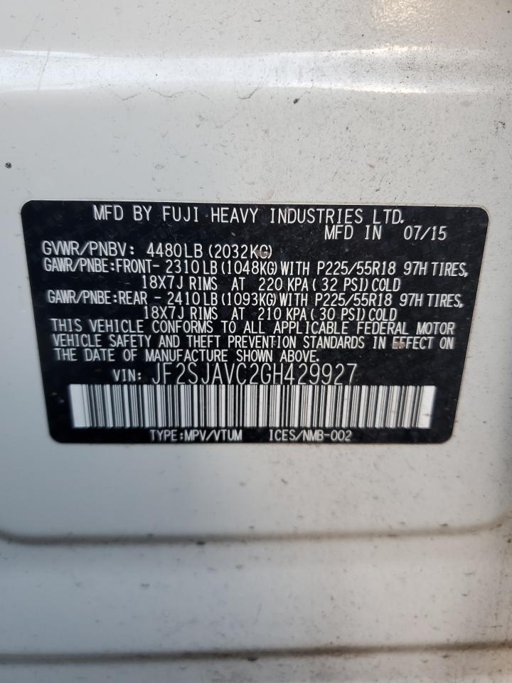 2016 Subaru Forester VIN JF2SJAVC2GH429927 Copart auction photo, all over damage thumbnail 13