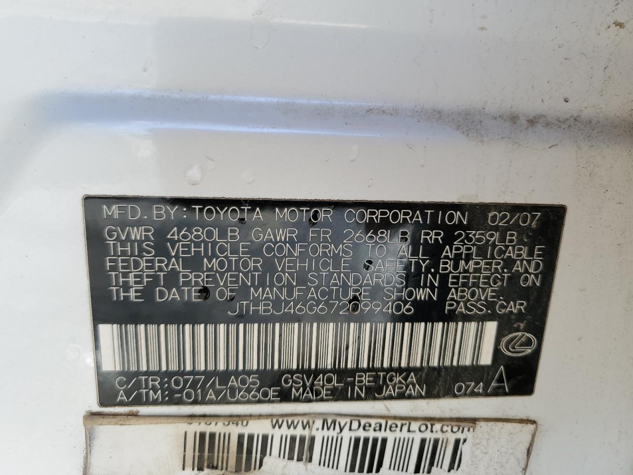 2007 Lexus ES VIN JTHBJ46G672099406 Copart auction photo, front end / side damage thumbnail 13