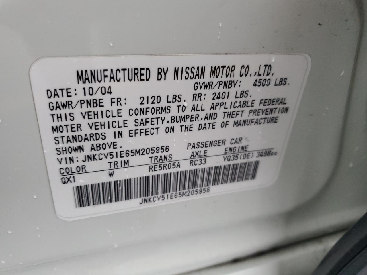 2005 Infiniti G VIN JNKCV51E65M205956 Copart auction photo, rear end damage thumbnail 12