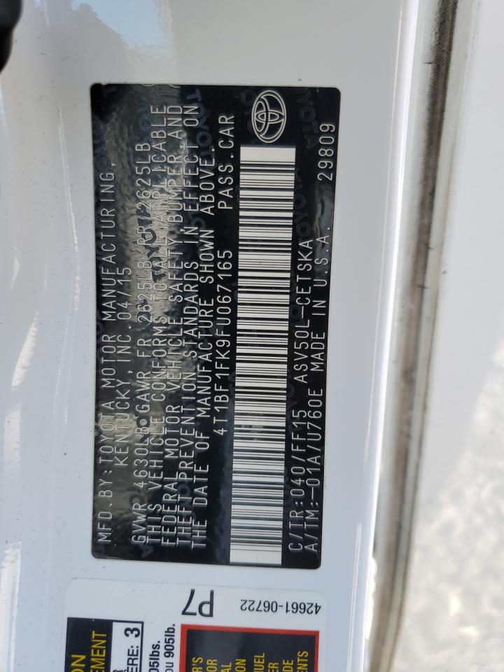2015 Toyota Camry VIN 4T1BF1FK9FU067165 Copart auction photo, front end damage thumbnail 15