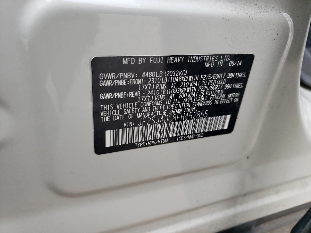2015 Subaru Forester VIN JF2SJADC8FH452855 Copart auction photo, front end / side damage thumbnail 15