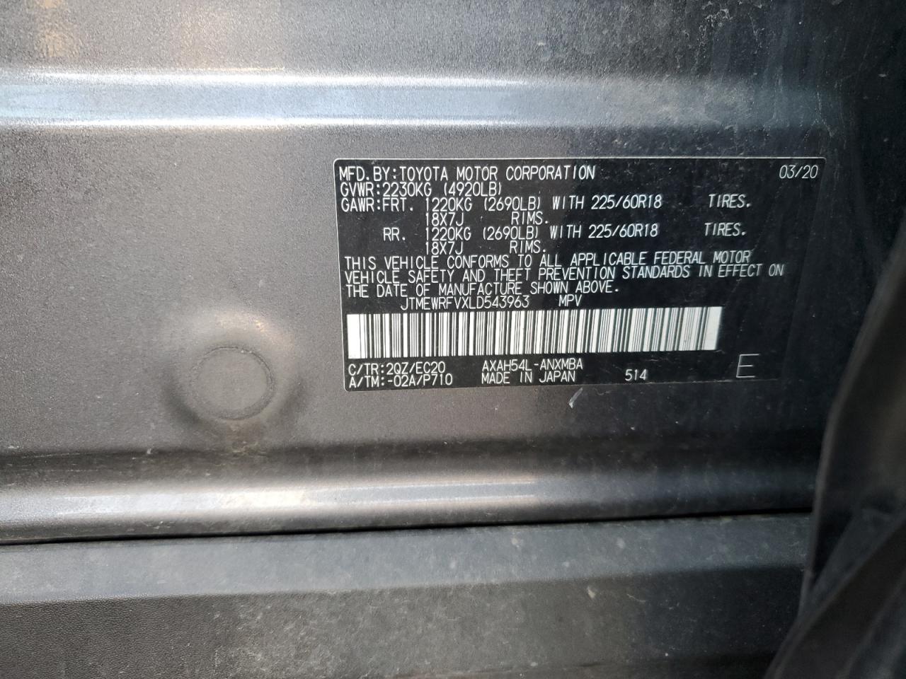 2020 Toyota RAV 4 VIN JTMEWRFVXLD543963 Copart auction photo, front end / rear end damage thumbnail 14