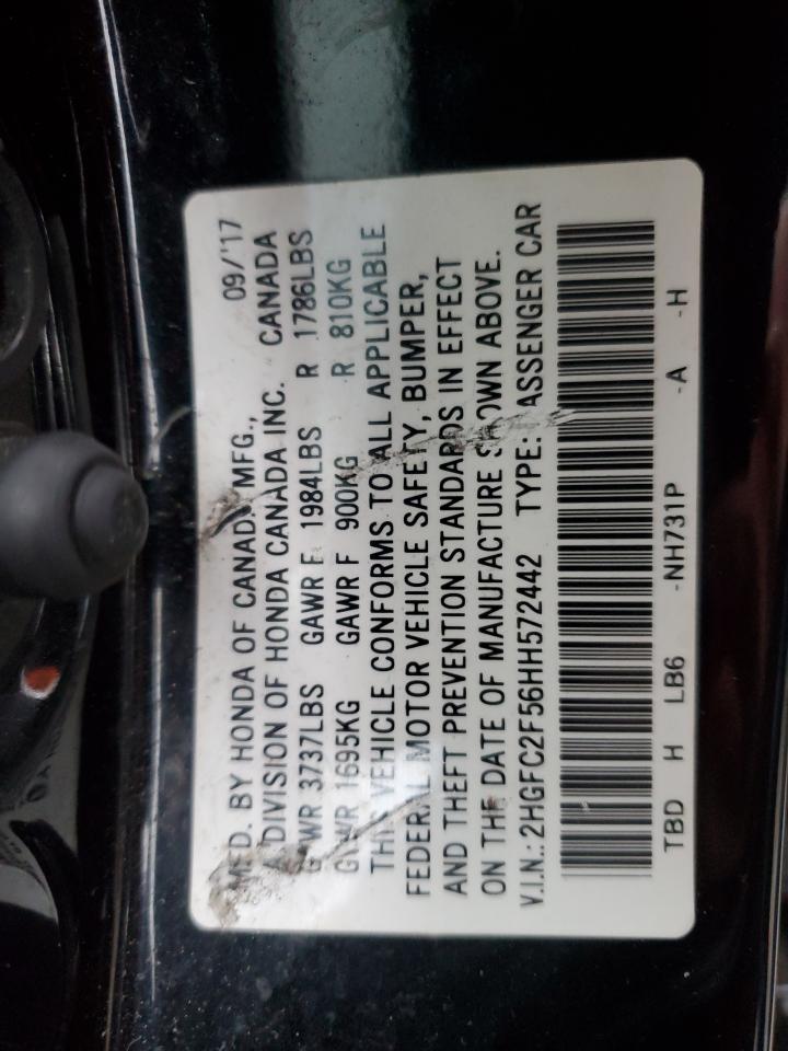 2017 Honda Civic VIN 2HGFC2F56HH572442 Copart auction photo, rear end / front end damage thumbnail 12