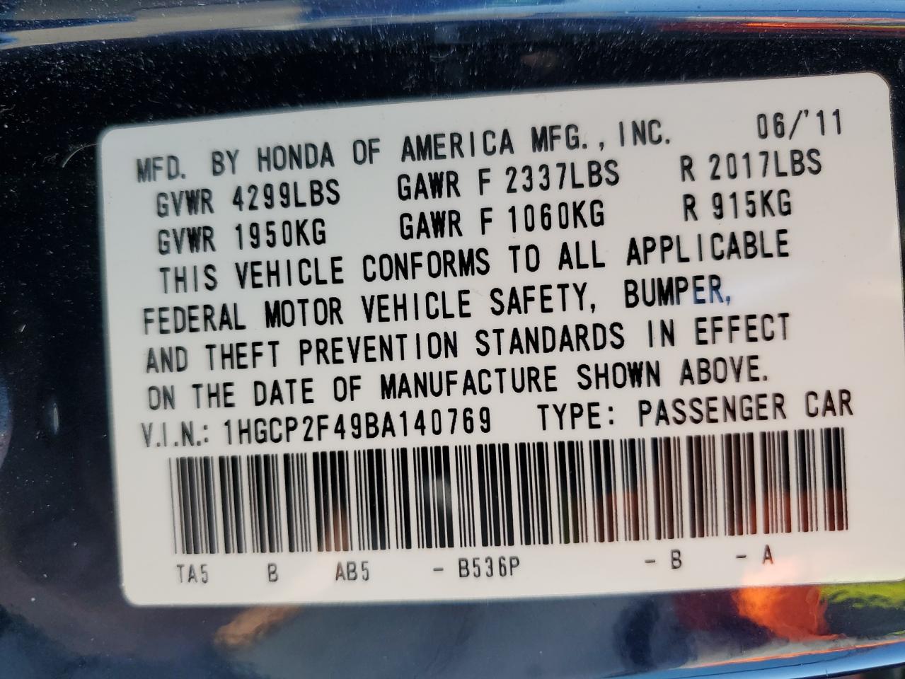2011 Honda Accord VIN 1HGCP2F49BA140769 Copart auction photo, front end / minor dent/scratches damage thumbnail 12