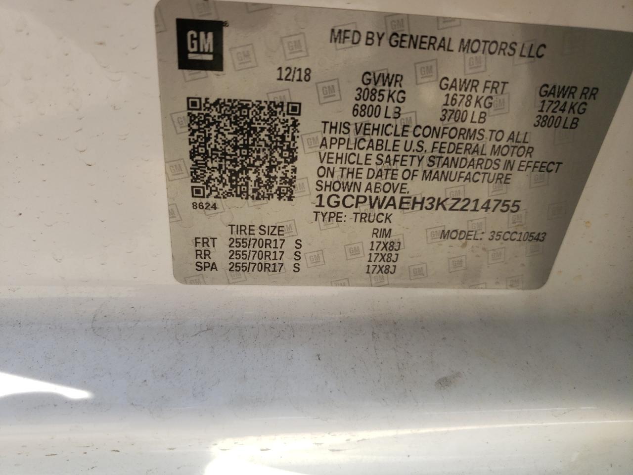 2019 Chevrolet Silverado VIN 1GCPWAEH3KZ214755 Copart auction photo, side damage thumbnail 12