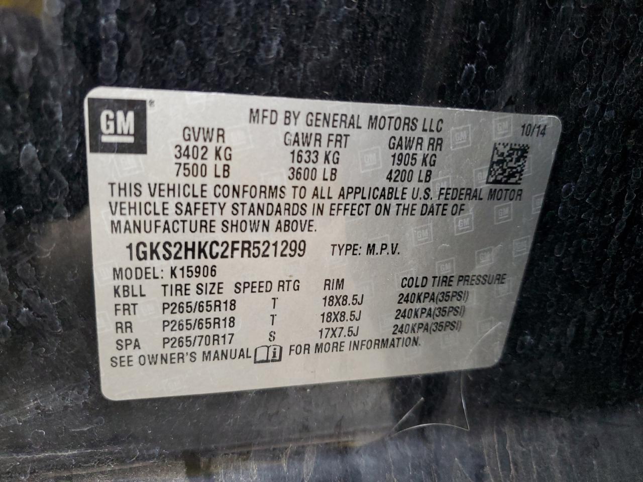 2015 GMC Yukon VIN 1GKS2HKC2FR521299 Copart auction photo, side / rear end damage thumbnail 13