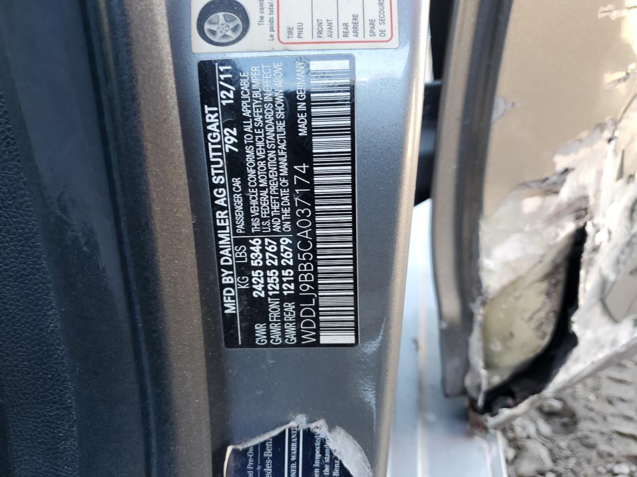 2012 Mercedes-Benz Cls-klasse VIN WDDLJ9BB5CA037174 Copart auction photo, side / front end damage thumbnail 12