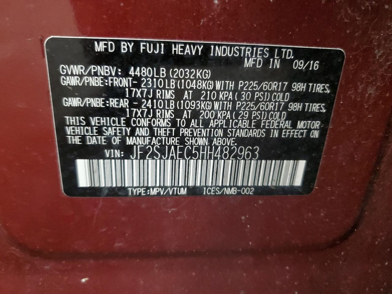 2017 Subaru Forester VIN JF2SJAEC5HH482963 Copart auction photo, rear end damage thumbnail 15