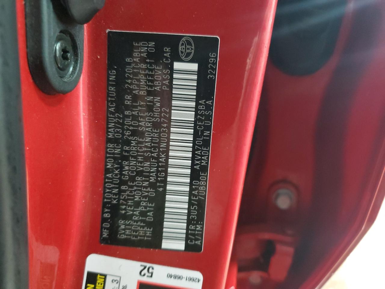 2022 Toyota Camry VIN 4T1G11AK1NU034722 Copart auction photo, front end damage thumbnail 13