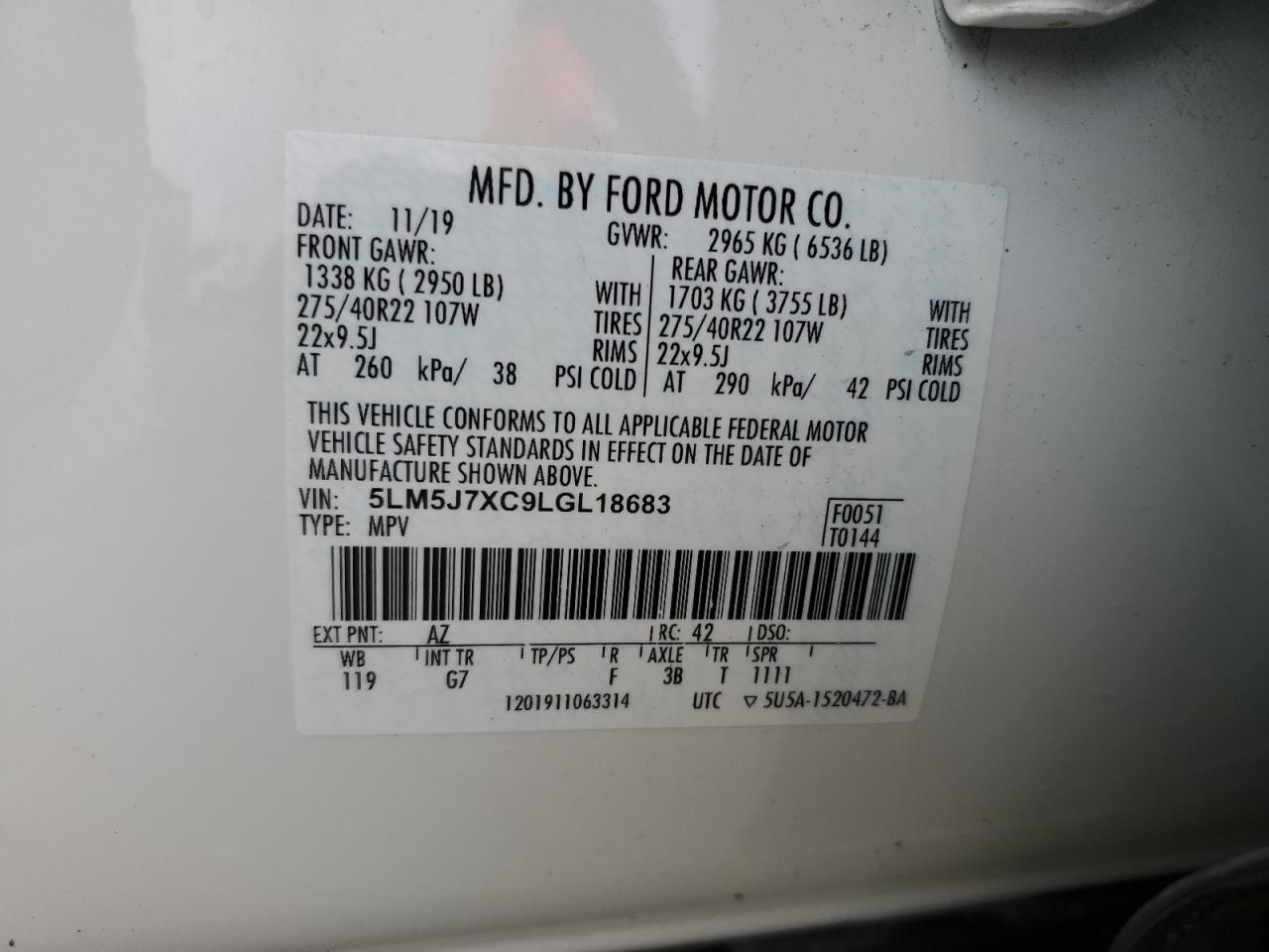 2020 Lincoln Aviator VIN 5LM5J7XC9LGL18683 Copart auction photo, water/flood damage thumbnail 14