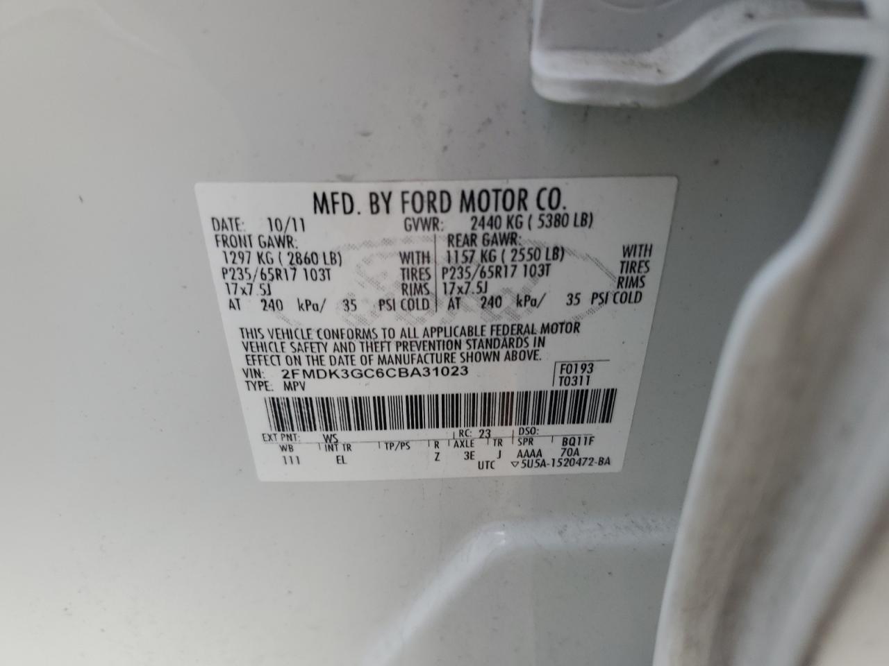 2012 Ford Edge VIN 2FMDK3GC6CBA31023 Copart auction photo, front end damage thumbnail 14