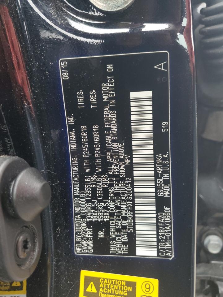 2015 Toyota Highlander VIN 5TDBKRFHXFS200412 Copart auction photo, front end damage thumbnail 12
