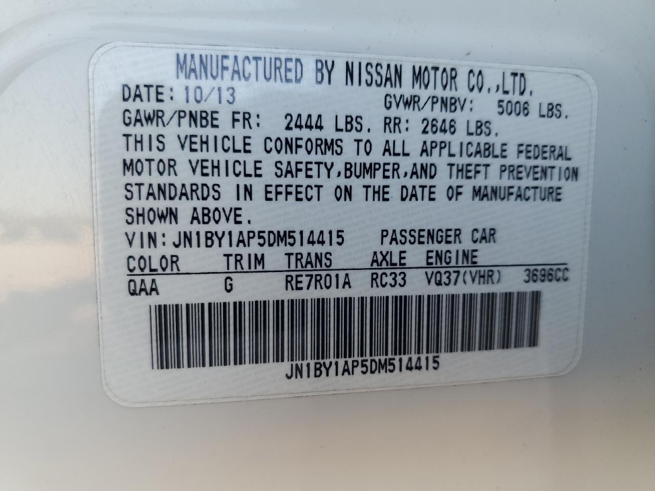 2013 Infiniti M VIN JN1BY1AP5DM514415 Copart auction photo, front end / undercarriage damage thumbnail 14