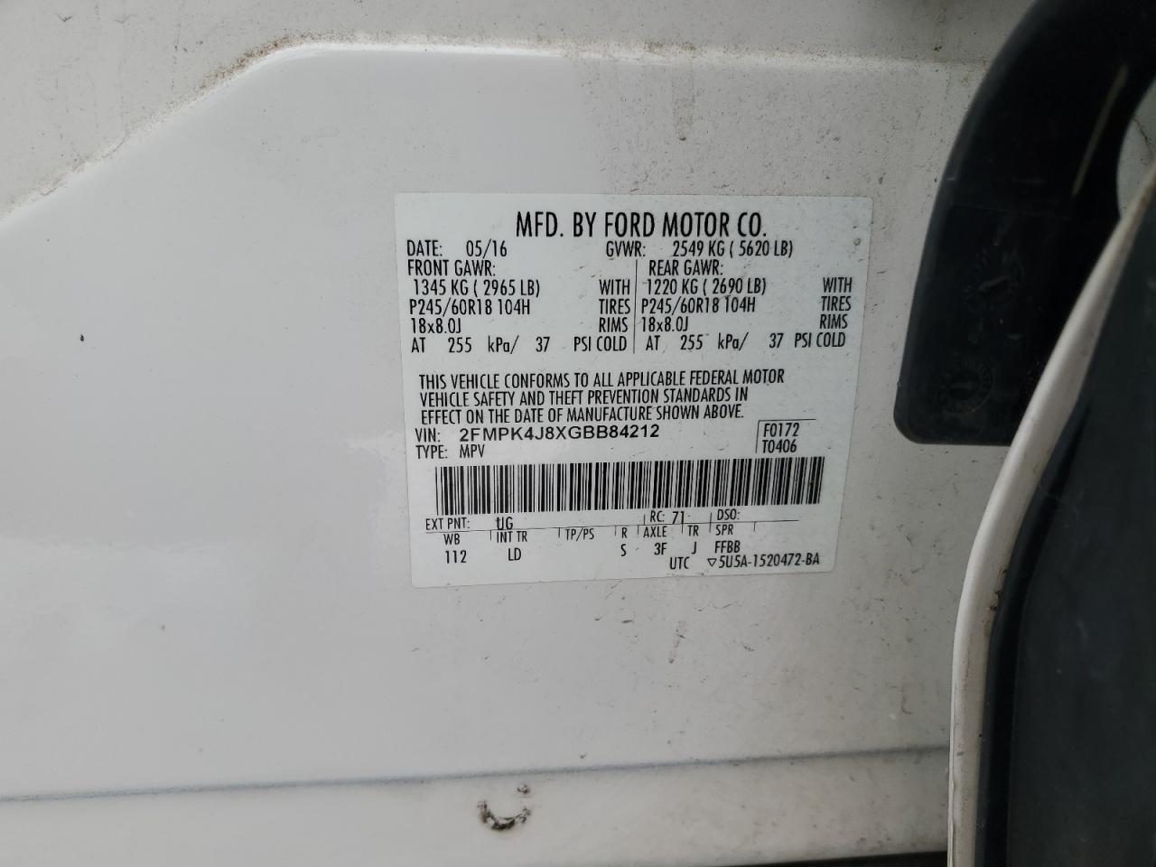 2016 Ford Edge VIN 2FMPK4J8XGBB84212 Copart auction photo, front end damage thumbnail 13