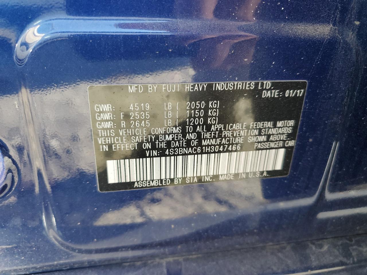 2017 Subaru Legacy VIN 4S3BNAC61H3047466 Copart auction photo, side / rear end damage thumbnail 12
