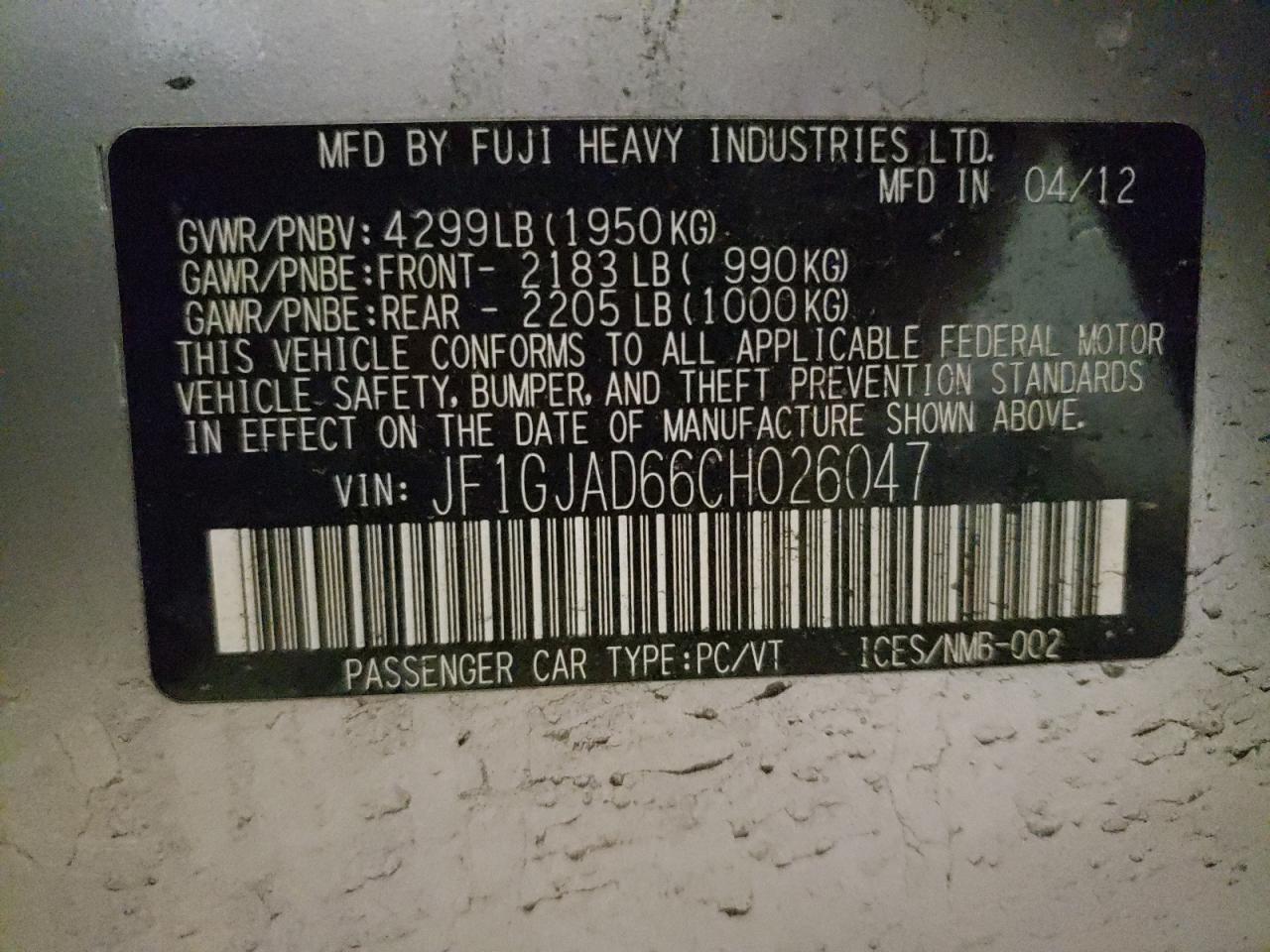 2012 Subaru Impreza VIN JF1GJAD66CH026047 Copart auction photo, front end / minor dent/scratches damage thumbnail 13