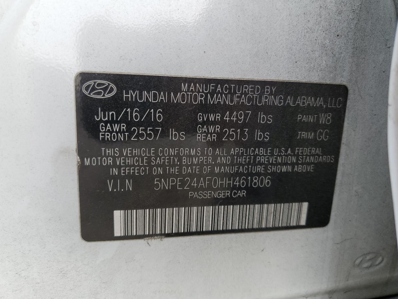 2017 Hyundai Sonata VIN 5NPE24AF0HH461806 Copart auction photo, front end / minor dent/scratches damage thumbnail 12
