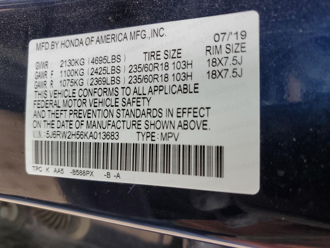 2019 Honda CR-V VIN 5J6RW2H56KA013683 Copart auction photo, hail damage thumbnail 13
