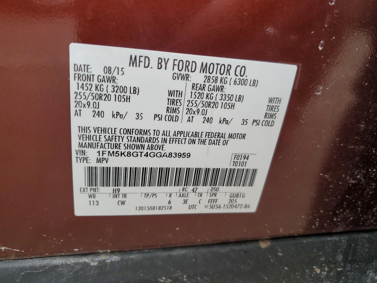 2016 Ford Explorer VIN 1FM5K8GT4GGA83959 Copart auction photo, front end / side damage thumbnail 15