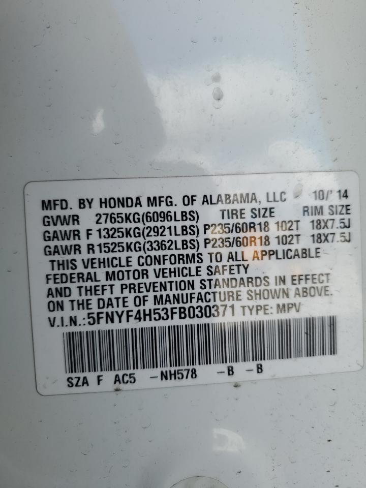 2015 Honda Pilot VIN 5FNYF4H53FB030371 Copart auction photo, minor dent/scratches damage thumbnail 15