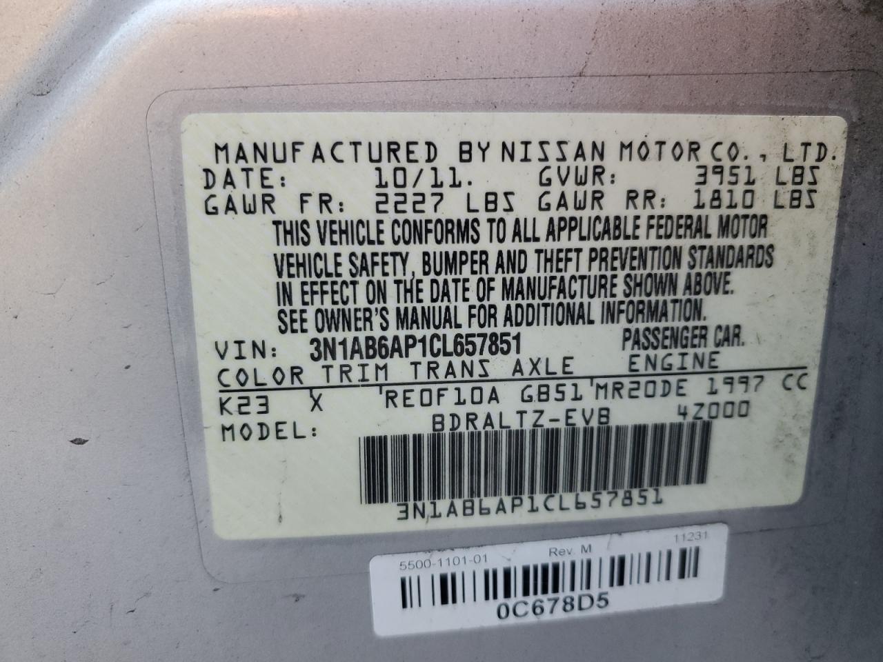 2012 Nissan Sentra VIN 3N1AB6AP1CL657851 Copart auction photo, side / front end damage thumbnail 14
