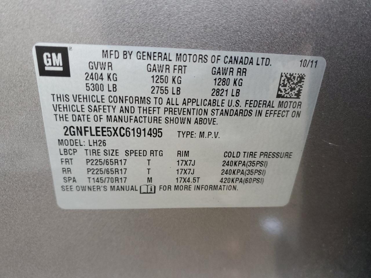 2012 Chevrolet Equinox VIN 2GNFLEE5XC6191495 Copart auction photo, front end / minor dent/scratches damage thumbnail 13