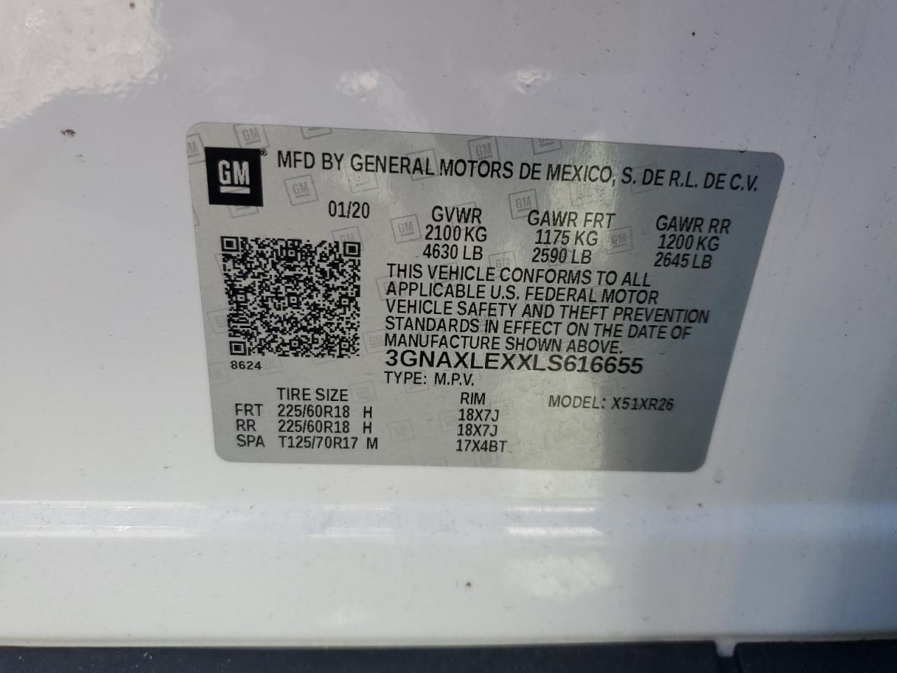 2020 Chevrolet Equinox VIN 3GNAXLEXXLS616655 Copart auction photo, side damage thumbnail 13