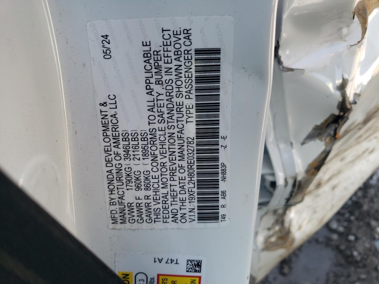 2024 Honda Civic VIN 19XFL2H80RE032782 Copart auction photo, side / front end damage thumbnail 14