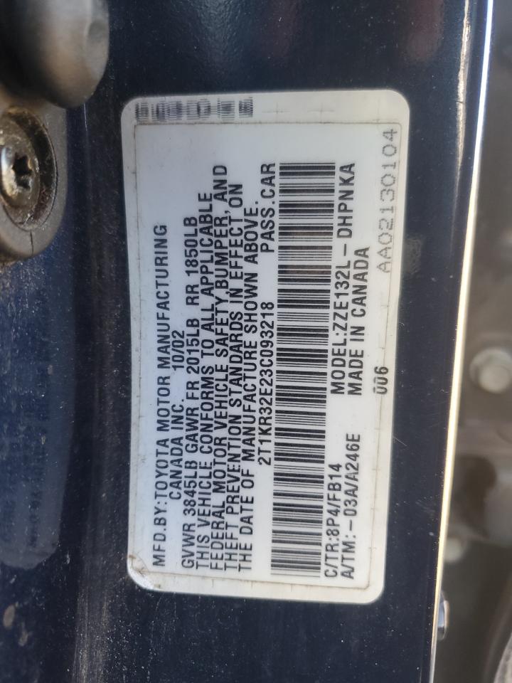 2003 Toyota Corolla VIN 2T1KR32E23C093218 Copart auction photo, front end / minor dent/scratches damage thumbnail 13