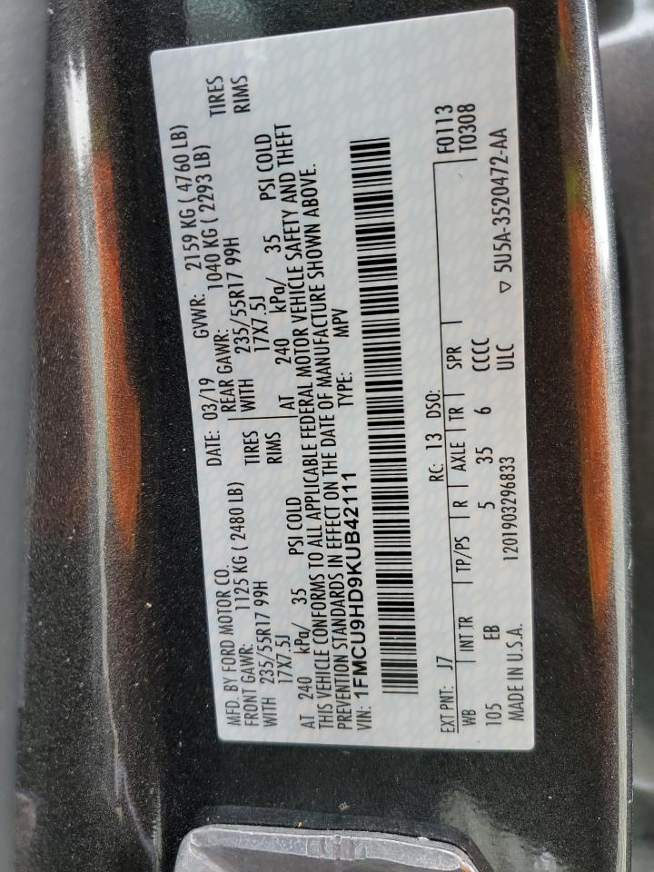 2019 Ford Escape VIN 1FMCU9HD9KUB42111 Copart auction photo, side / front end damage thumbnail 15
