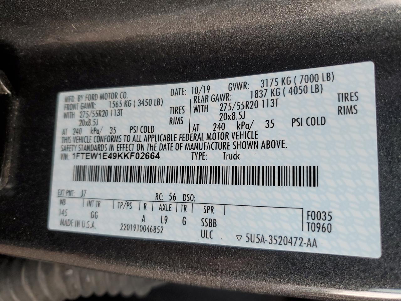 2019 Ford F-150 VIN 1FTEW1E49KKF02664 Copart auction photo, side / front end damage thumbnail 14