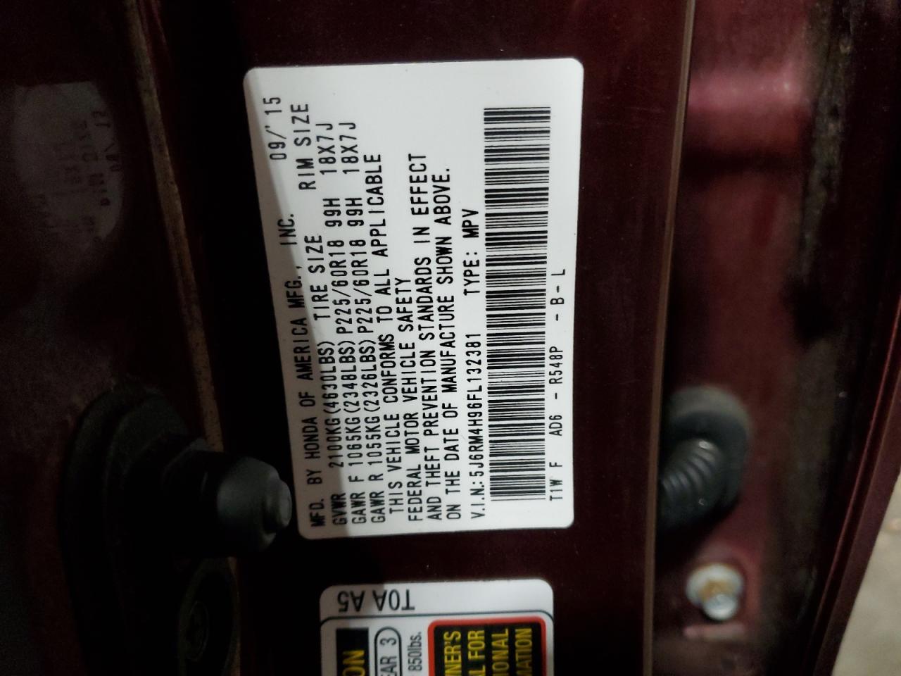 2015 Honda CR-V VIN 5J6RM4H96FL132381 Copart auction photo, front end damage thumbnail 15
