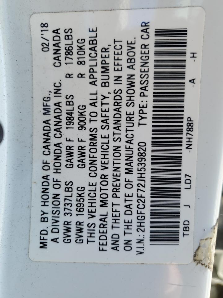 2018 Honda Civic VIN 2HGFC2F72JH539820 Copart auction photo, front end / frame damage damage thumbnail 12