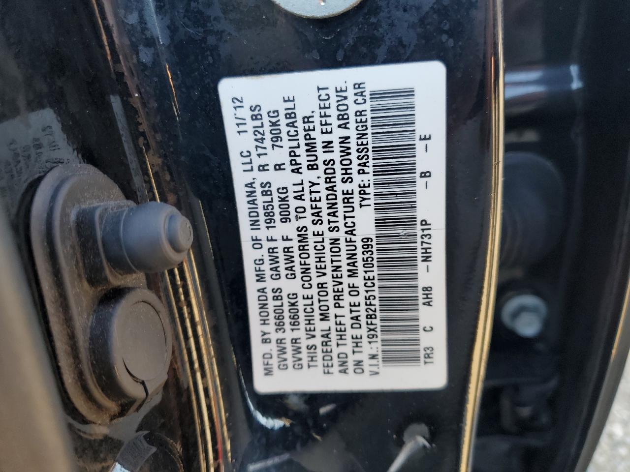 2012 Honda Civic VIN 19XFB2F51CE105399 Copart auction photo, front end damage thumbnail 12
