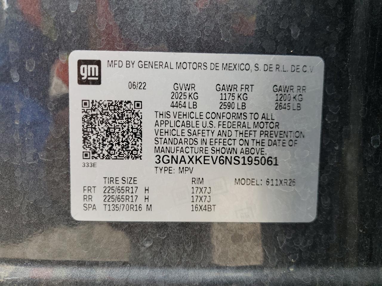 2022 Chevrolet Equinox VIN 3GNAXKEV6NS195061 Copart auction photo, front end / minor dent/scratches damage thumbnail 13