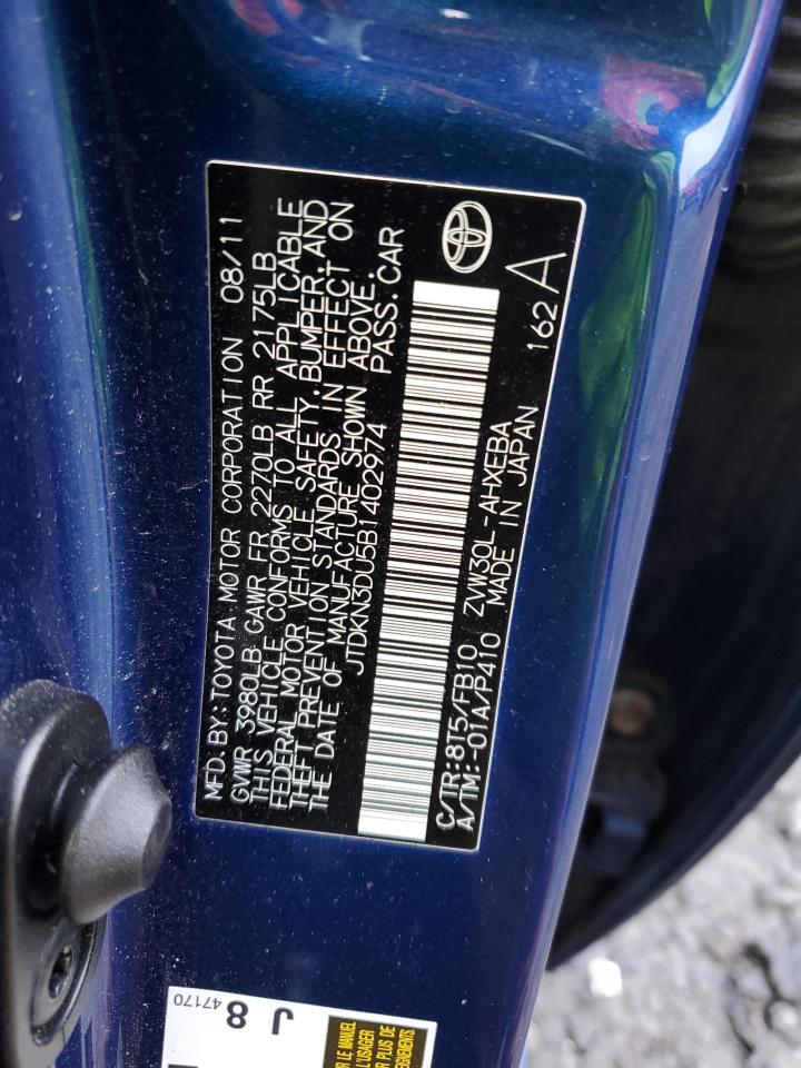 2011 Toyota Prius VIN JTDKN3DU5B1402974 Copart auction photo, mechanical damage thumbnail 12