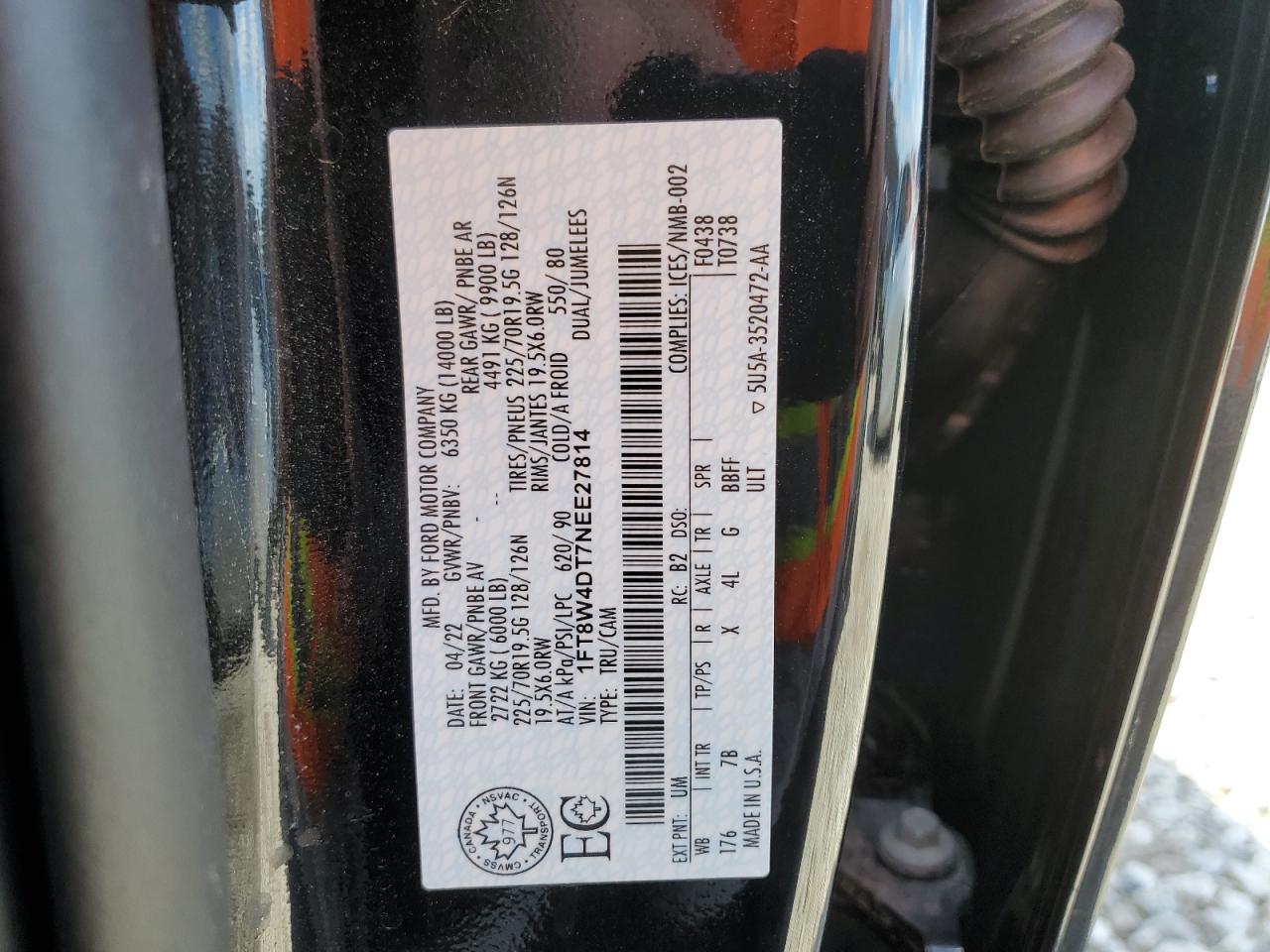 2022 Ford F450 VIN 1FT8W4DT7NEE27814 Copart auction photo, all over damage thumbnail 13