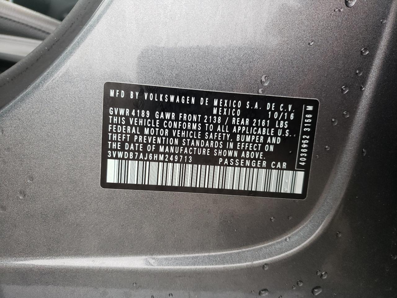 2017 Volkswagen Jetta VIN 3VWDB7AJ6HM249713 Copart auction photo, front end damage thumbnail 13
