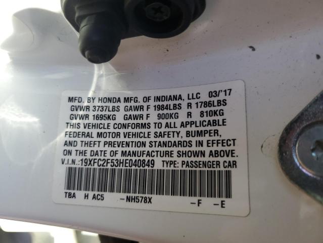 2017 Honda Civic VIN 19XFC2F53HE040849 Copart auction photo, front end damage thumbnail 12