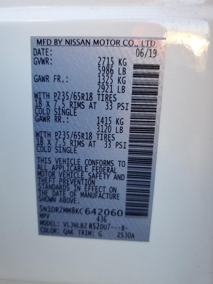 2019 Nissan Pathfinder VIN 5N1DR2MM8KC642060 Copart auction photo, front end / side damage thumbnail 13