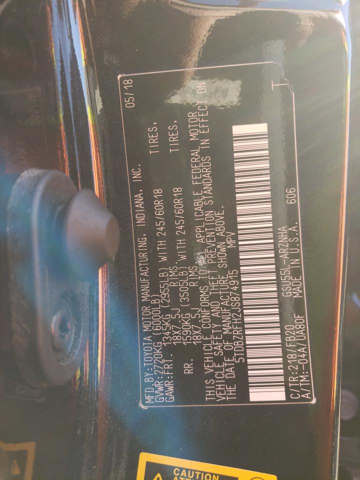 2018 Toyota Highlander VIN 5TDBZRFH2JS874915 Copart auction photo, front end damage thumbnail 14