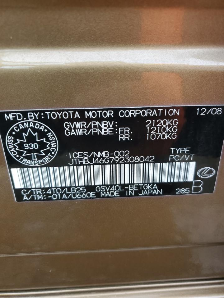 2009 Lexus ES VIN JTHBJ46G792308042 Copart auction photo, front end damage thumbnail 13