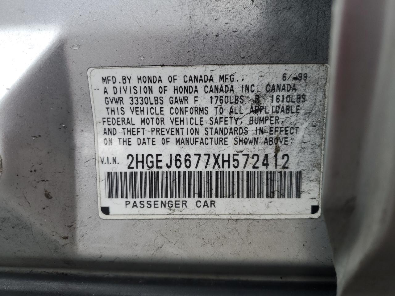 1999 Honda Civic VIN 2HGEJ6677XH572412 Copart auction photo, front end damage thumbnail 12