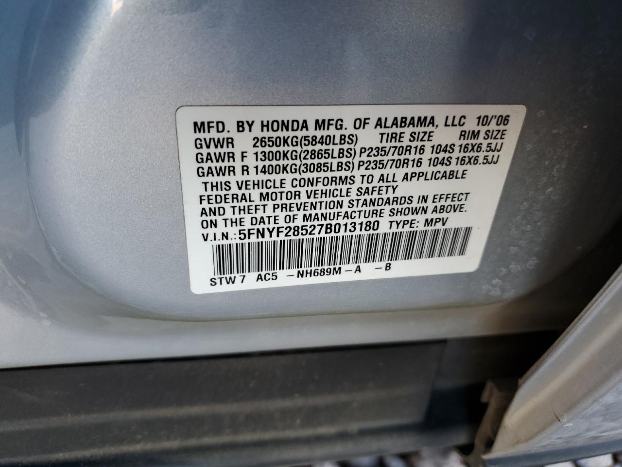 2007 Honda Pilot VIN 5FNYF28527B013180 Copart auction photo, rear end / side damage thumbnail 15