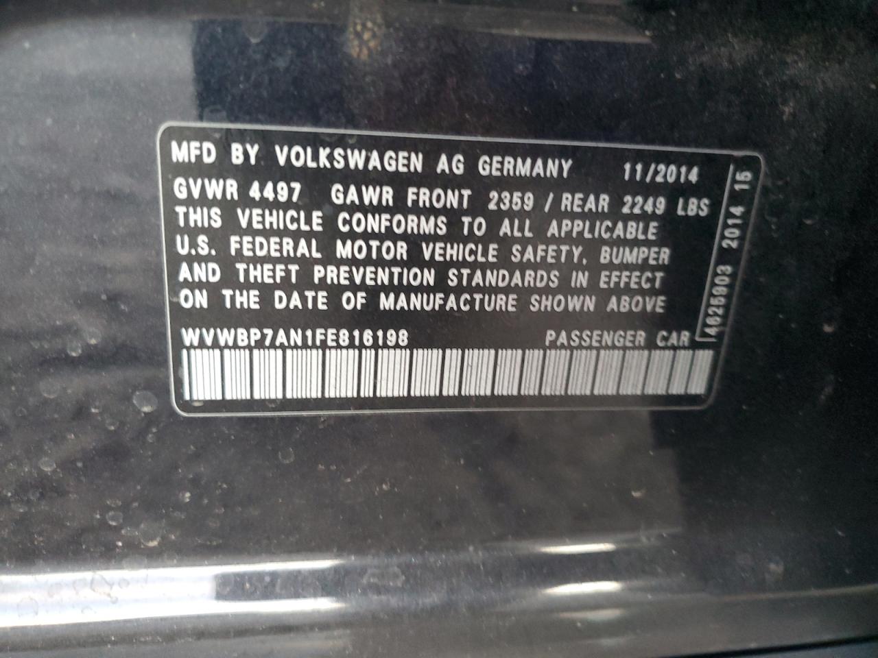 2015 Volkswagen Passat CC VIN WVWBP7AN1FE816198 Copart auction photo, front end damage thumbnail 13