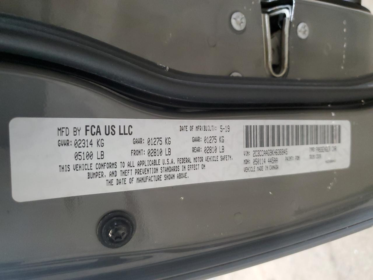 2019 Chrysler 300 VIN 2C3CCAAG9KH636845 Copart auction photo, side damage thumbnail 12
