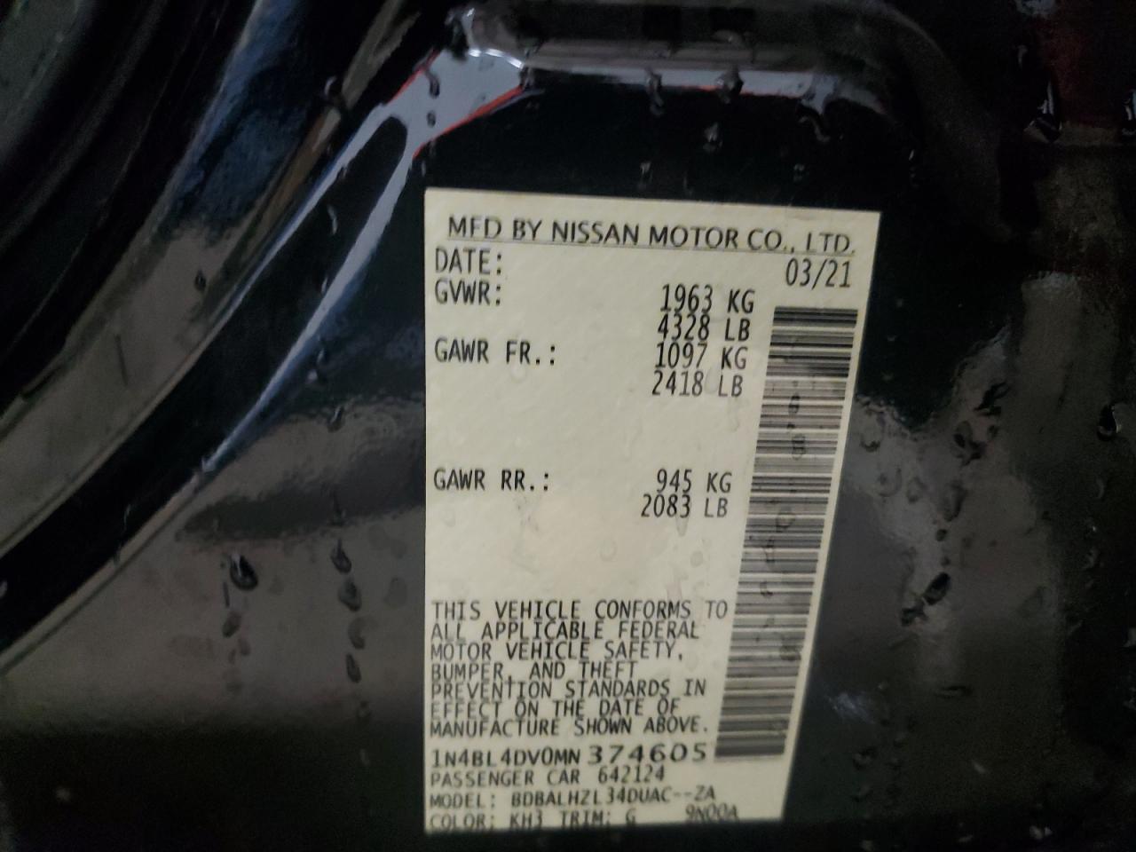 2021 Nissan Altima VIN 1N4BL4DV0MN374605 Copart auction photo, front end damage thumbnail 12
