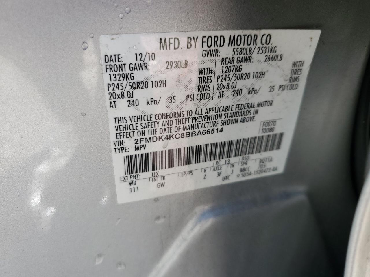 2011 Ford Edge VIN 2FMDK4KC8BBA66514 Copart auction photo, rear end damage thumbnail 13