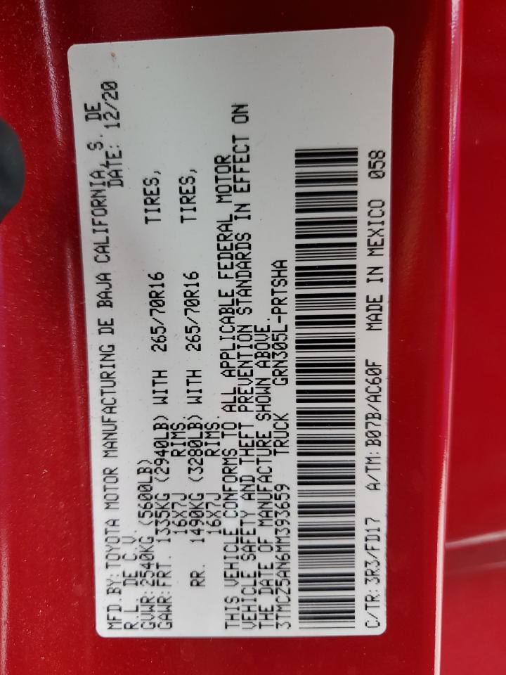 2021 Toyota Tacoma VIN 3TMCZ5AN6MM393659 Copart auction photo, front end damage thumbnail 14